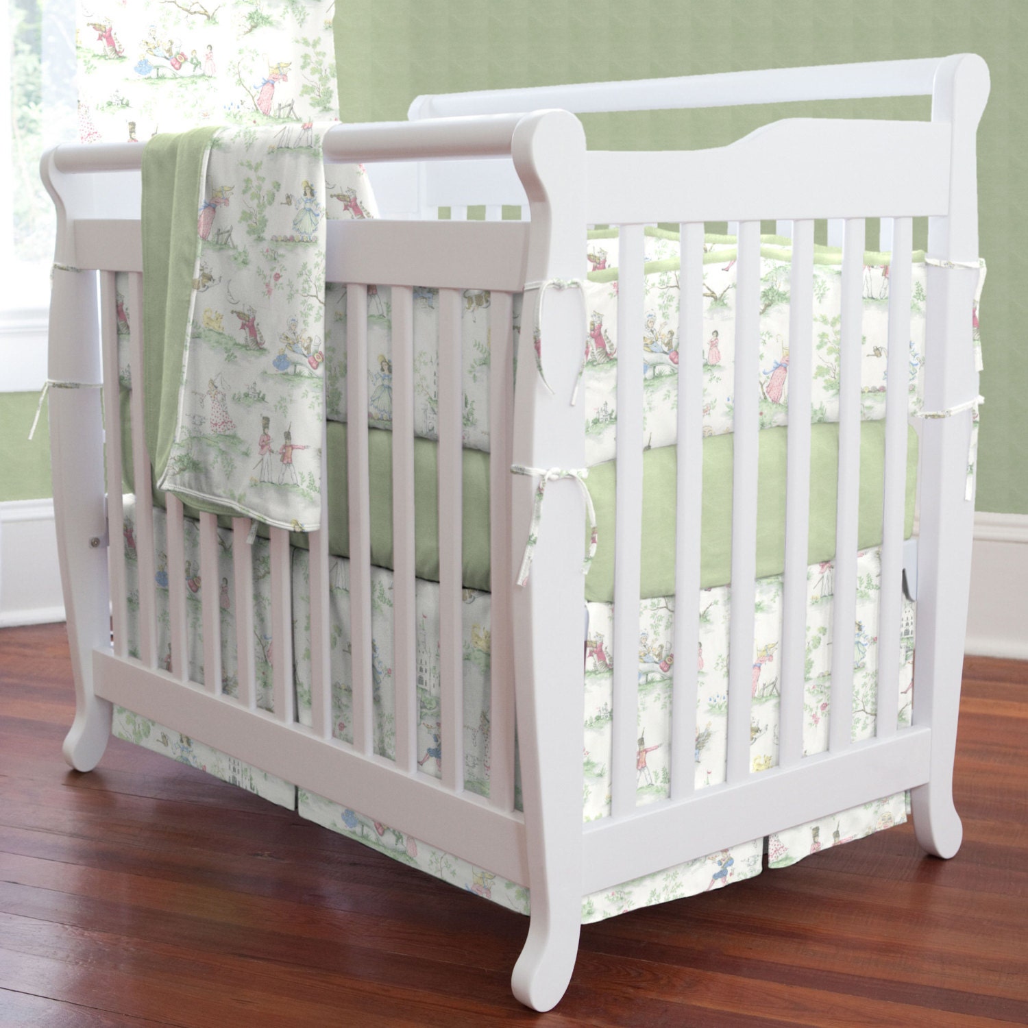 Nursery Rhyme Toile Sage Boy Mini Crib Bumper / Girl Mini Crib
