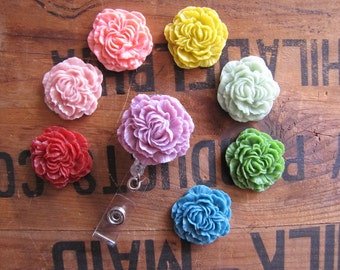 Flower Badge Reel, Peony Badge Clip, Retractable Name Badge, ID Holder, Nurse Gift, Doctor, Teacher ID Clip, Resin Flower, Belt Clip Badge
