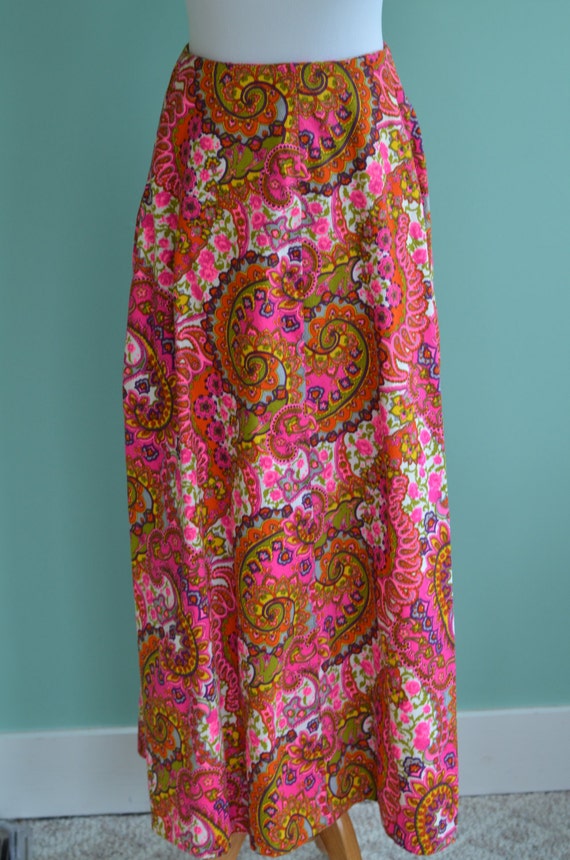 60s Flower Power Hippie Boho Skirt Paisley Floral Long Maxi
