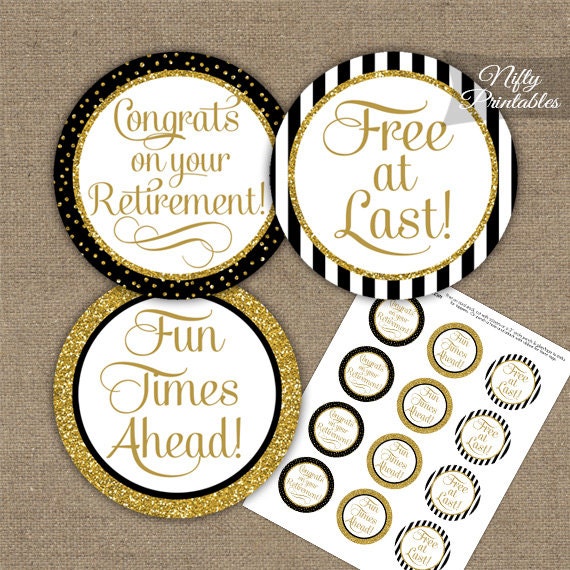 Retirement Cupcake Toppers Black & Gold Glitter Printable