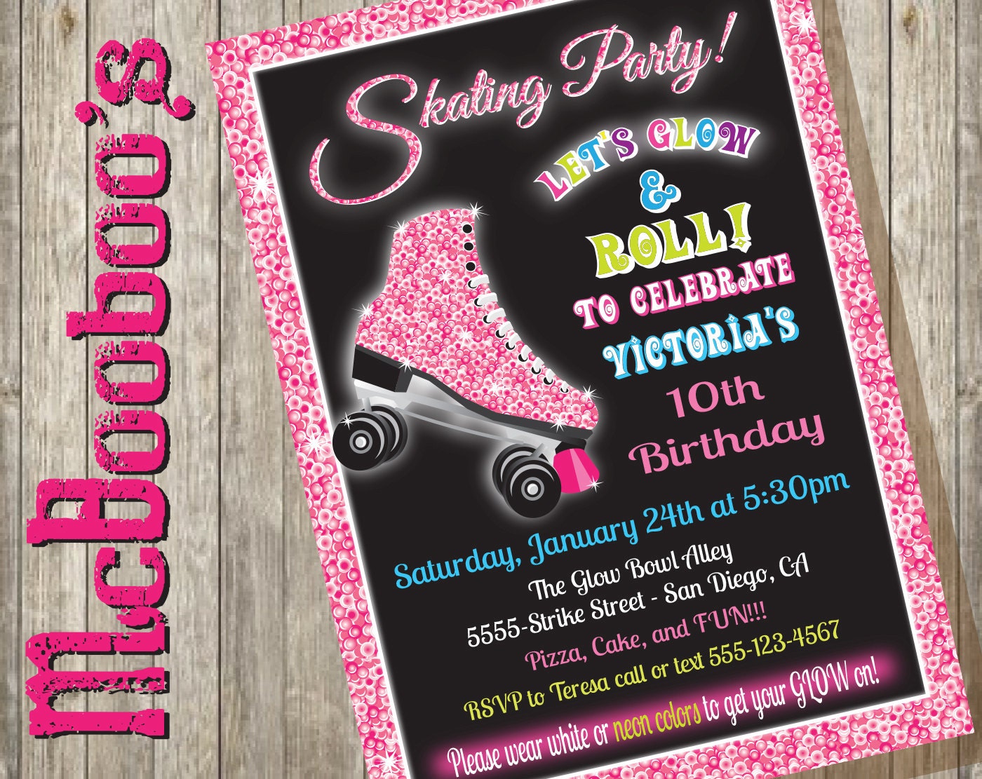 Glittering Pink Roller Skating Party invitations for a Glow in