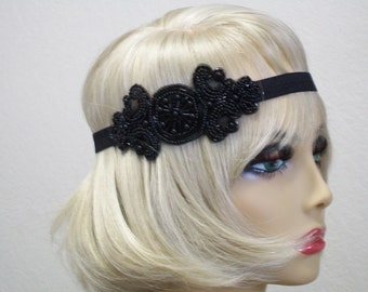 Flapper Headpiece Art Deco Headband 1920s Headpiece Downton Abby Headband Beaded Art Deco Black Beaded Headband Roaring 20s
