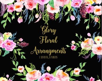 Watercolor Peony Floral arrangements, banner, header and posies for instant download