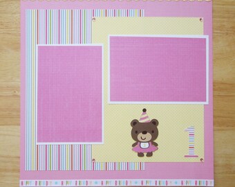 First Birthday Scrapbook Page - Girl Birthday Scrapbook Layout - 12 x 12 Scrapbook - Birthday Party - Birthday Photos - Cricut Birthday Bear