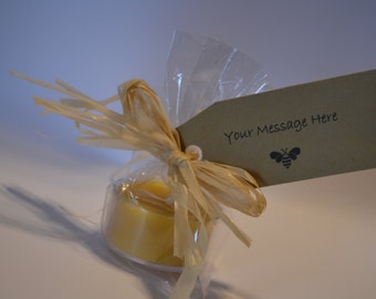 25 custom beeswax tealight favors, custom kraft tag, natural raffia treated and fire resistant, natural favor, meant to bee, bride to bee,