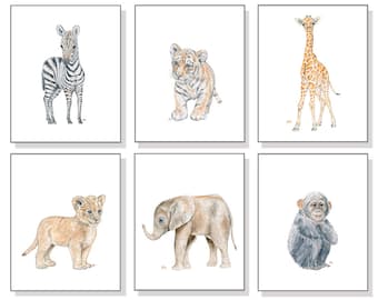 Safari Nursery Print Watercolor Nursery Prints Nursery Watercolor Jungle Nursery Print Lion Elephant Giraffe Tiger Zebra Monkey Set of 6.