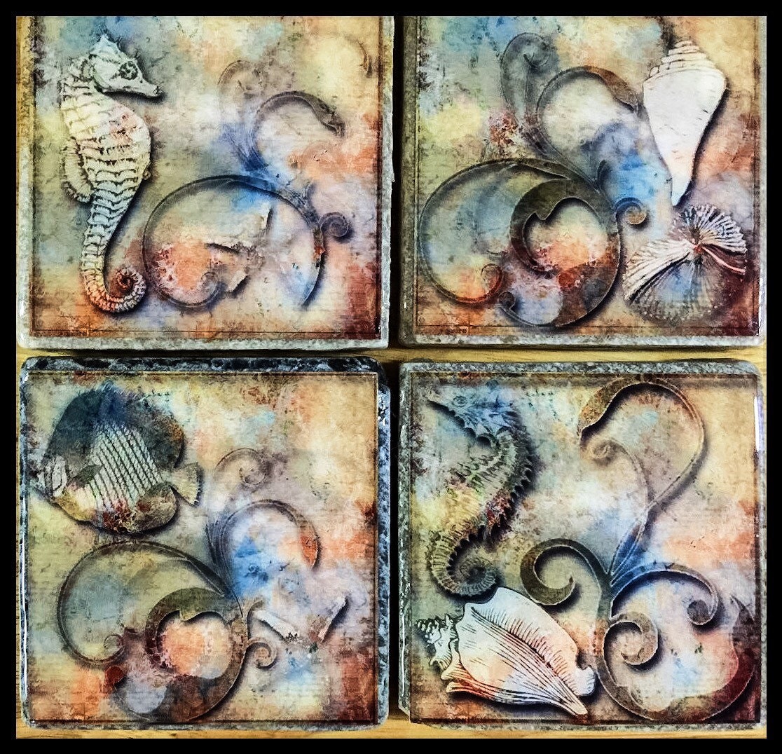 4 x 4 Ocean Life Stone Coasters Set of 4 Sea