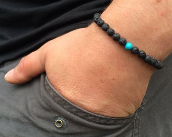 Bracelet for men, Lava stone turquoise bracelet, Mens braclet black lava stone, Stretch bracelet