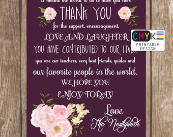 Wedding Thank you Sign, Plum Wedding Decor, Thank You Saying for Family and Friends, Printable 5x7 Thank You, Wedding Display