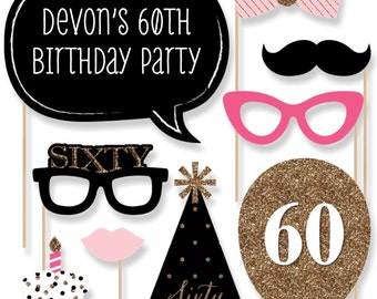 Chic 60th Birthday – Pink, Black, and Gold Party Photo Booth Props - Adult Birthday Party Photobooth Kit with Custom Talk Bubble - 20 Pieces