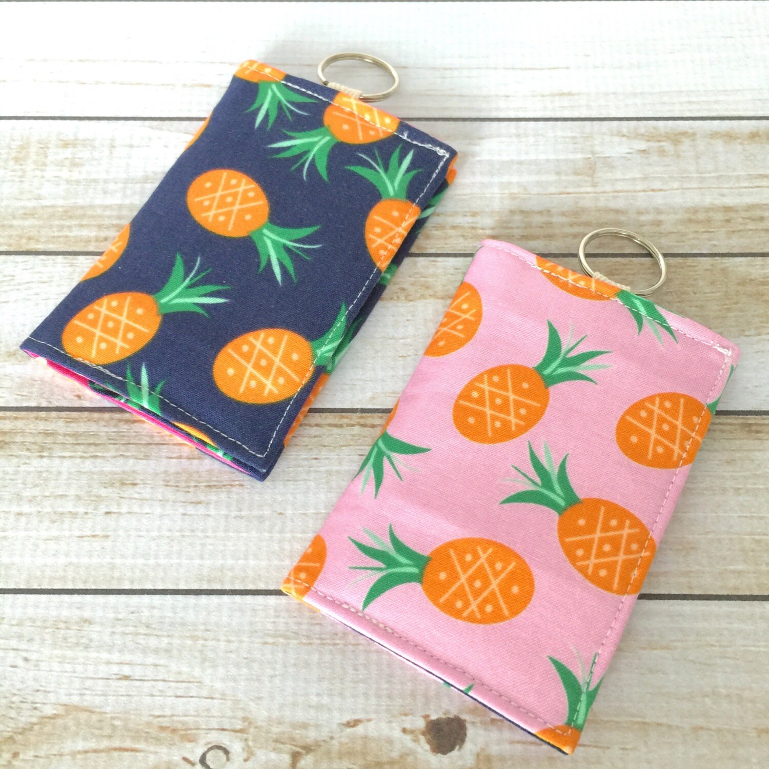 Navy Blue Pink Pineapples Fabric Wallet Credit Card Wallet