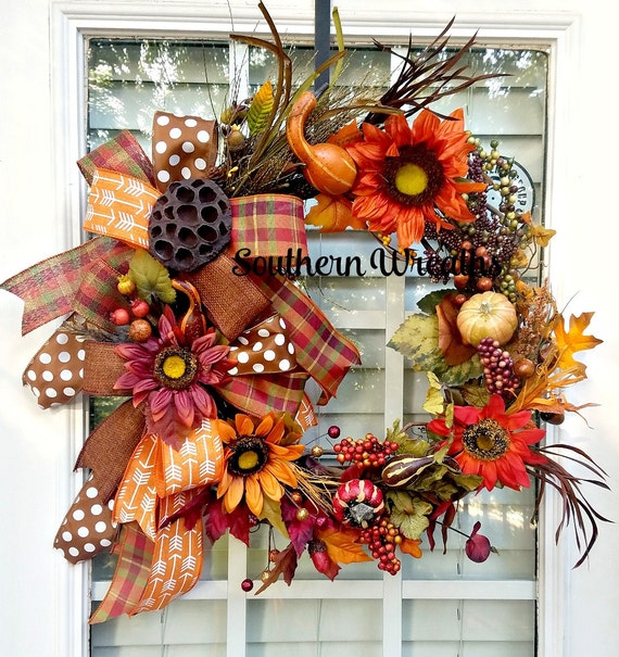 Fall WreathGrapevine Sunflower Wreath Fall Pumpkin Door