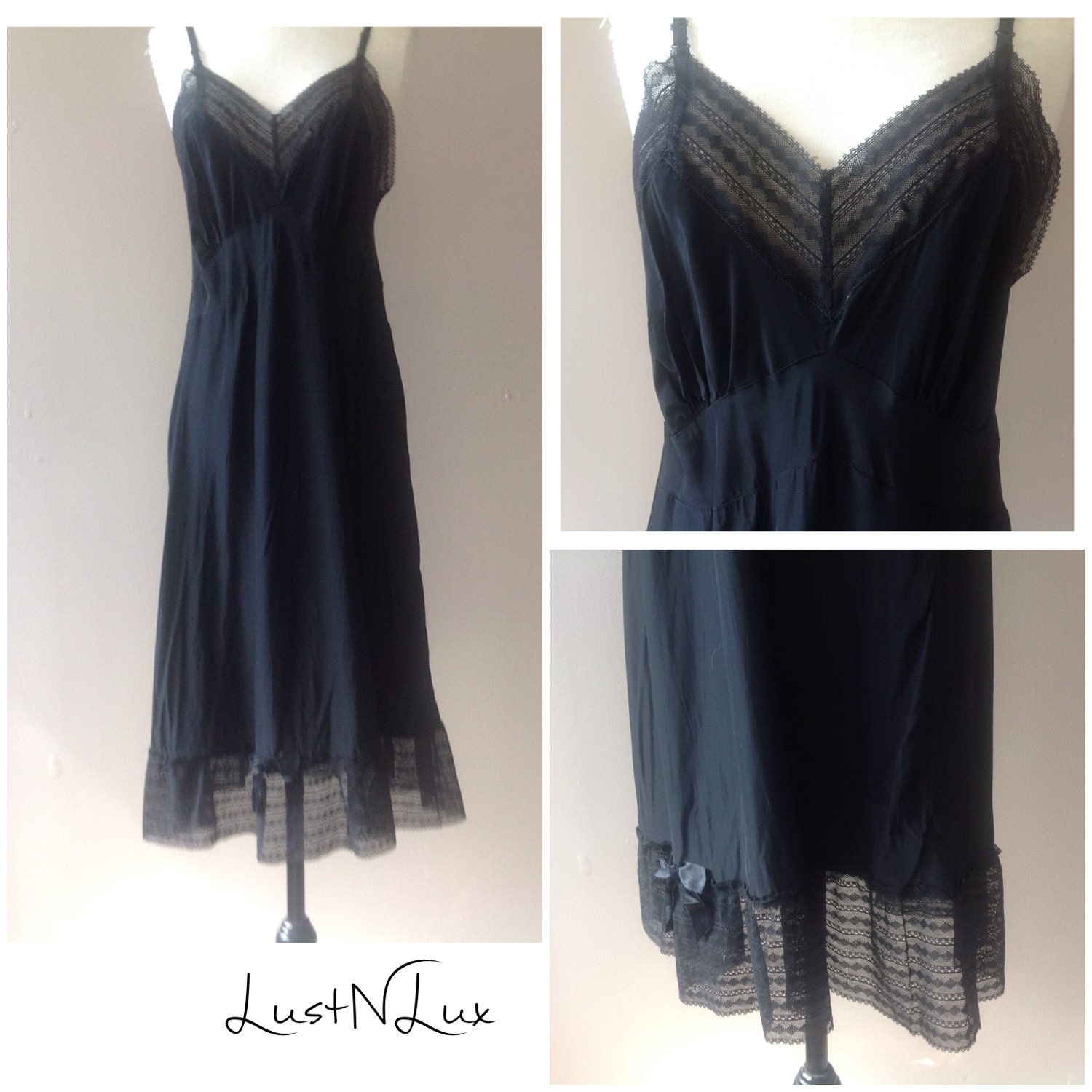 36 / Full Slip / Dress / Extender Black Silk with Lace by LustNLux