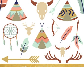 Boho Clipart Set - Tipi Tents, Feathers, Arrows & Skulls - INSTANT DOWNLOAD - 30 .PNG Files