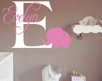 Custom Baby Girl Name - Nursery Wall decal - Cute Elephant wall decal - Personalized Name Monogram - Bedroom Nursery Initial Playroom