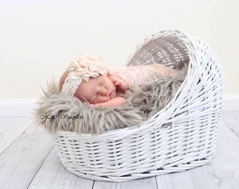 Wide Lace Flower Headband with Pearl & Rhinestone Center Rhinestone Beaded Leaves Newborn Baby Girl Adult Headband