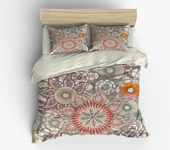 Boho Chic Bedding Duvet Cover Set Beige Floral by FolkandFunky