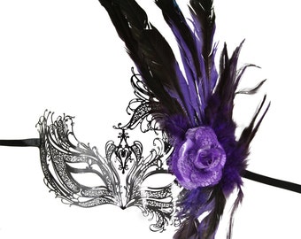Purple Feather Black Phoenix Masquerade Mask/ Laser Cut with White Rhinestones Venetian Masquerade Mask. FBF003BK-PU