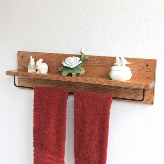 Wood Towel Rack With Shelf & Towel Bar Solid Oak Wooden