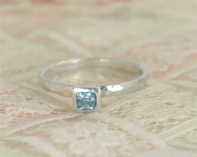 Square Aquamarine Engagement Ring, Sterling Silver, Aquamarine Wedding Ring Set, Rustic Wedding Ring Set, March Birthstone, Aquamarine