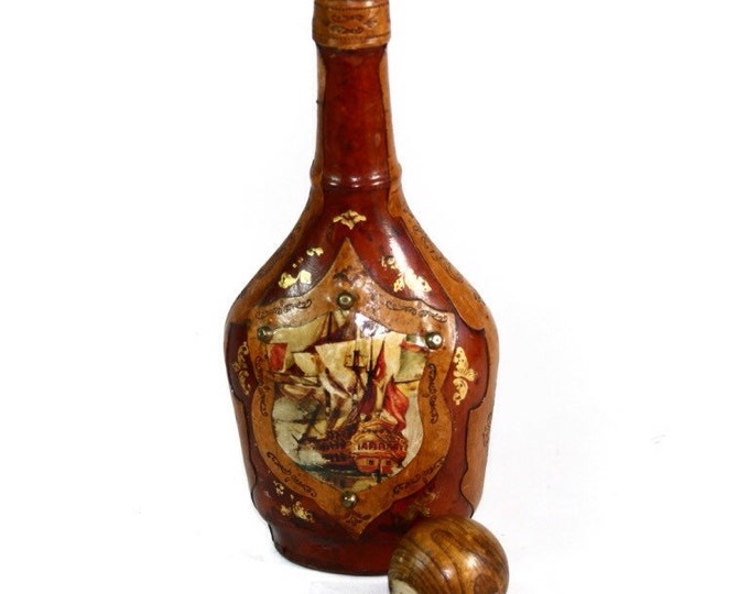 Storewide 25% Off SALE Vintage Brown Leather Wrapped Italian Glass Decanter Bottle Featuring Hand Painted Design With Original Wood Stopper