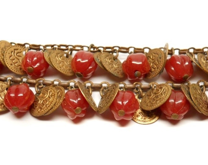 Storewide 25% Off SALE Antique Bronze Tone Metal Carnelian Beaded Middle Eastern Bracelet Featuring Moroccan Belly Dancing Style Design