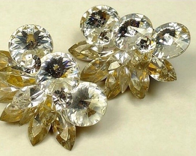 Storewide 25% Off SALE Vintage Gold Foiled Multi Faceted Rhinestone Designer Clip Earrings Featuring Clustered Floral Leaf Design