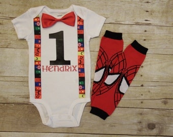 Superhero superman batman Avengers Hulk first birthday bow tie shirt suspenders baby boy cake smash outfit leggings