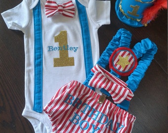 First Birthday Cake Smash Outfit Circus Ring Leader Red and White Stripe Turquoise Gold with Suspenders Birthday Boy Bodysuit Set Baby Boy