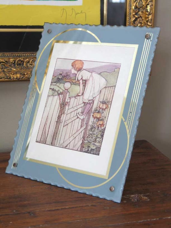 Art Deco Reverse Painted Glass Picture Frame Grey and Gold
