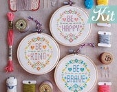 Modern quote Cross Stitch KIT-Be Happy Be Brave Be Kind -Floral Happy Modern Funny typo graphic
