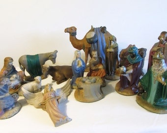 Large Chalkware Nativity Set, Nativity Set with Manger, 16 piece Nativity Set, Christmas Decor, All things Holidays