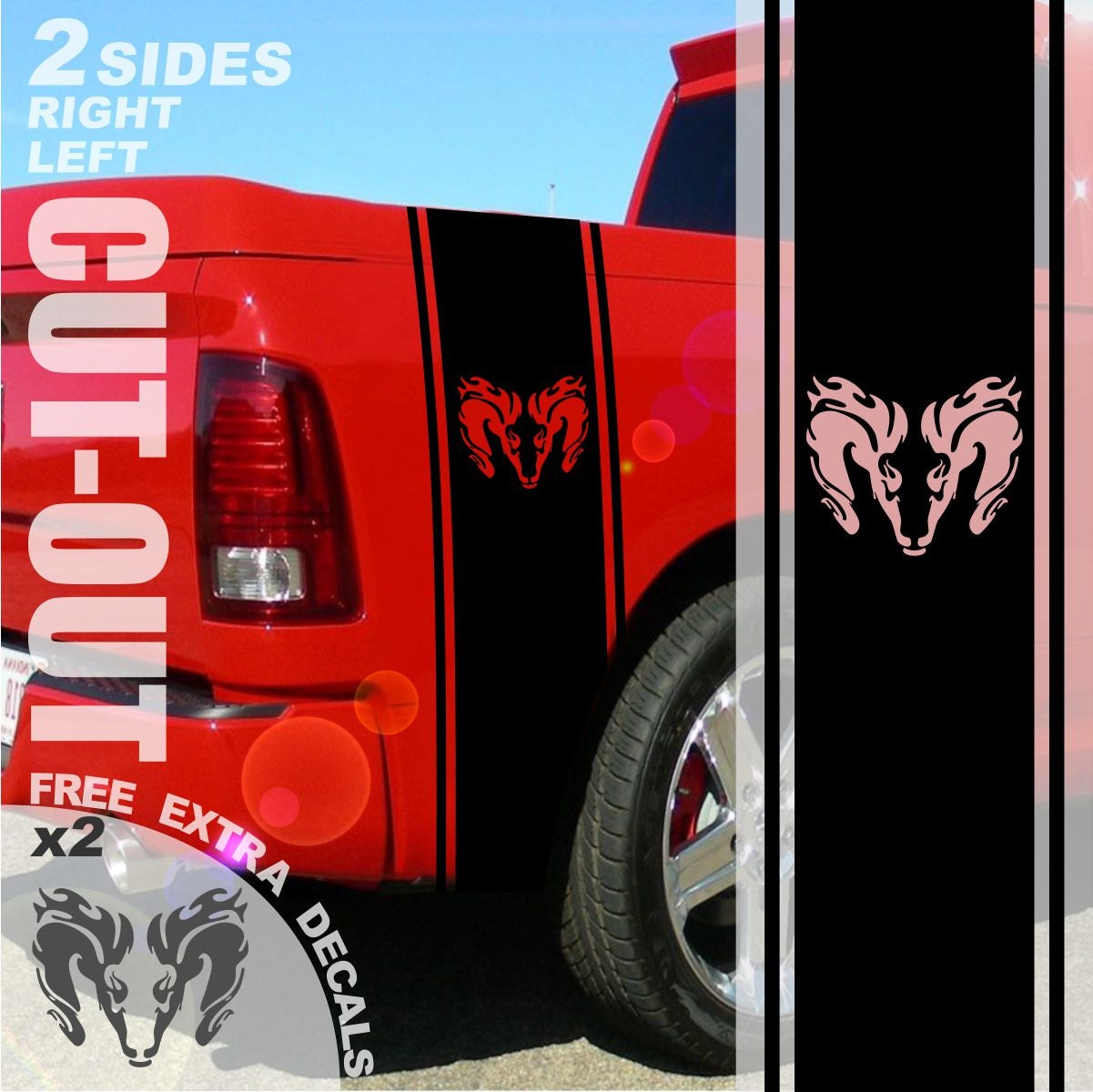 1500 2500 3500 Dodge Flaming Ram Hemi Head Bedside Vinyl Decal 0557