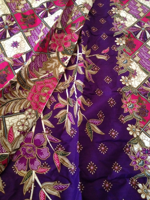 2 Yards Malaysian Batik Fabric Purple Floral Textile Sarong