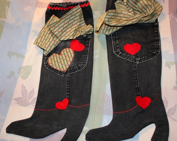 HALF PRICE ** Upcycled Black Denim Gift Bags Two Gift Bags accented with Red Hearts and Green Striped Hearts Bandana in Pocket on front
