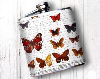 Flask for Women, BUTTERFLY Print, Hip Flask, Retirement Gift for Woman, Vintage Butterfly Print, Whiskey Flask for Women