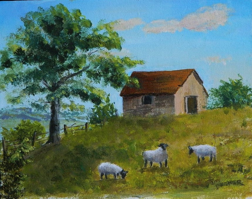 SHEEP ON A HILLSIDE, Original Landscape, Farm Animals, Maine Art,Maine