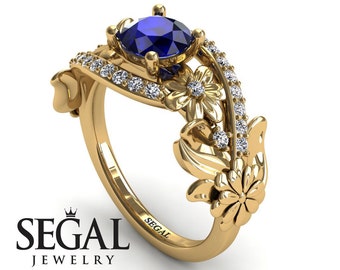 Blue Sapphire Engagement Ring Yellow Gold Ring Flower Engagement Ring Floral Ring Vintage Ring for her Sapphire Engagement Ring - Sadie