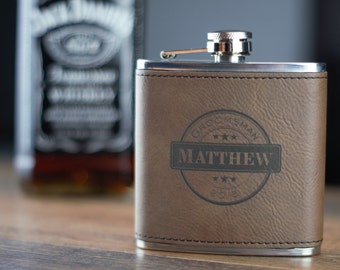 Dark Brown Leather Flask- Groomsman Flask- Personalized Flask- Personalized Groomsmen Flask- Leather Wrapped Flask- Personalized Hip Flask