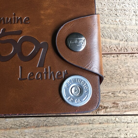 Mens brown trifold wallet nickel remington 12 gauge shell