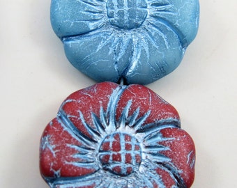 22mm Czech Flower Multi Color Matte Blue Glaze 6 Petal Pressed Glass 2 Pendant Beads CPR105