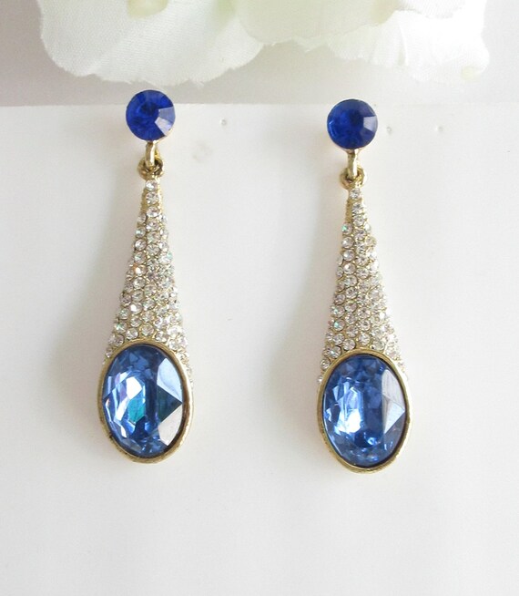 Blue Chandelier Earrings/ Long Straight Gold Royal Blue by