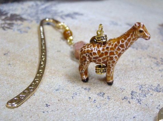 Giraffe Bookmark - Gold Metal Beaded Bookmark with African Map Jasper and Tiger's Eye Stone Beads with Glazed Ceramic Giraffe Charm