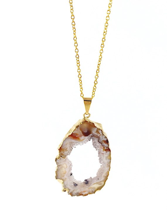 Geode Necklace Raw Stone Necklace Druzy Gold White Brown