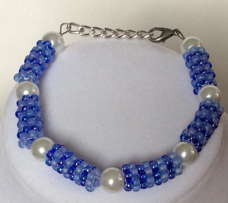 Blue and White Beaded Beads with White Pearl by CreationsByLacieK