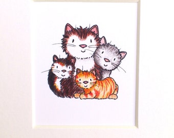 Cat print, miniature cats picture, ginger, tabby cat, grey and tortoiseshell, cat lover gift