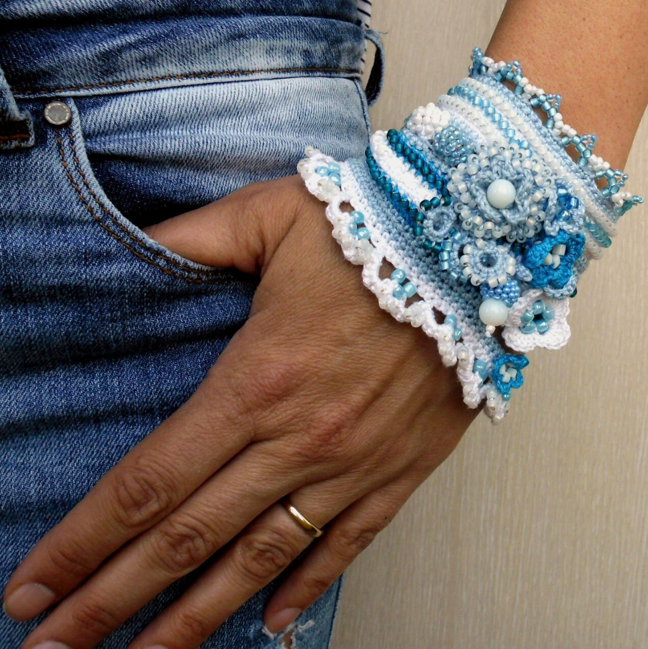 Crochet Bracelet Cuff Beaded Bracelet Cuff by SvetlanaCrochet