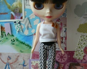 White and black Legging hearts patterns Blythe Pants Blythe clothes hand made in France