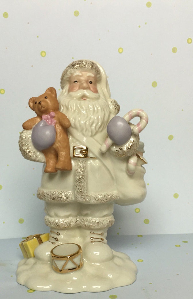 Lenox Ceramic All Off-White and Gold Santa Holding Teddy Bear