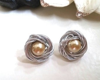 Almond Pearl, Bird Nest, Stud Earrings, Pearl Earrings, Mother Child Jewelry, Spring Jewelry, Wire Wrapped, Silver Wire